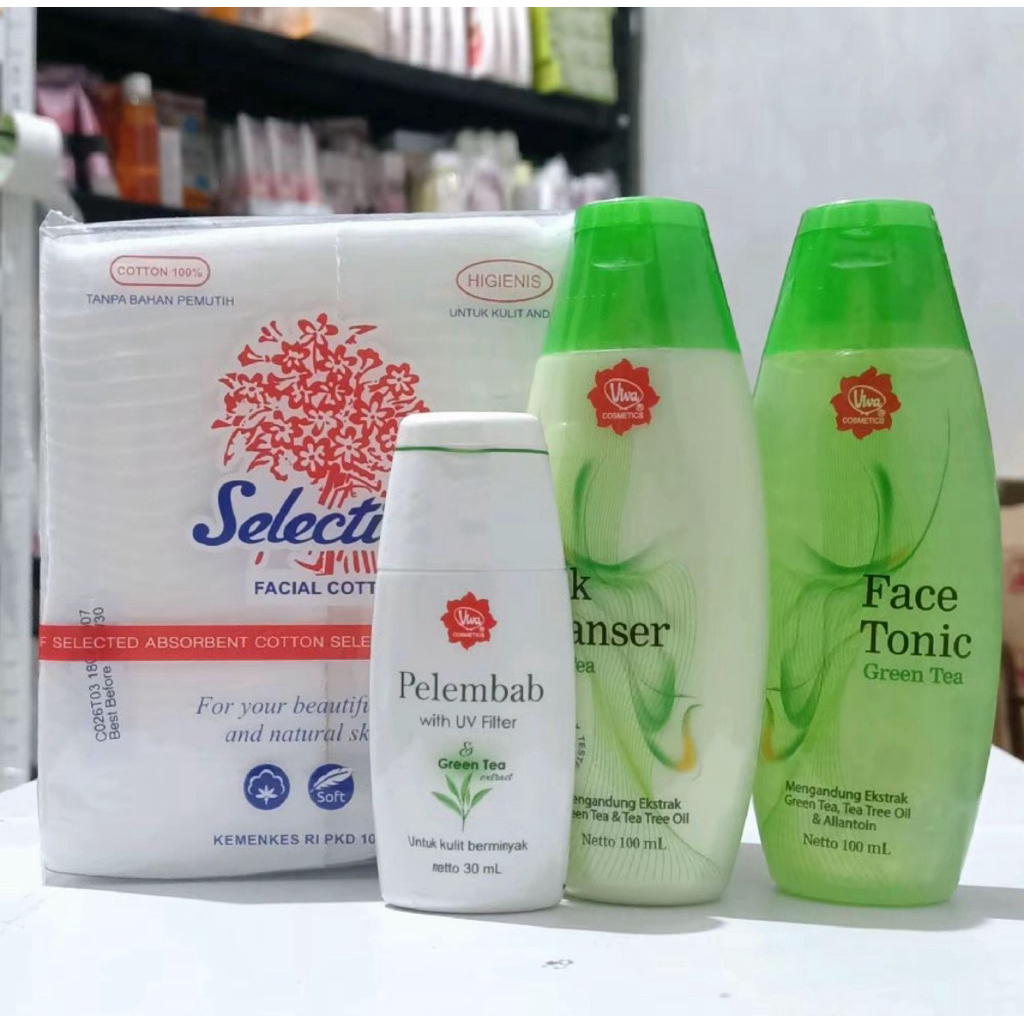 PAKET HEMAT PEMBERSIH WAJAH VIVA GREENTEA KAPAS DAN PELEMBAB 4IN1