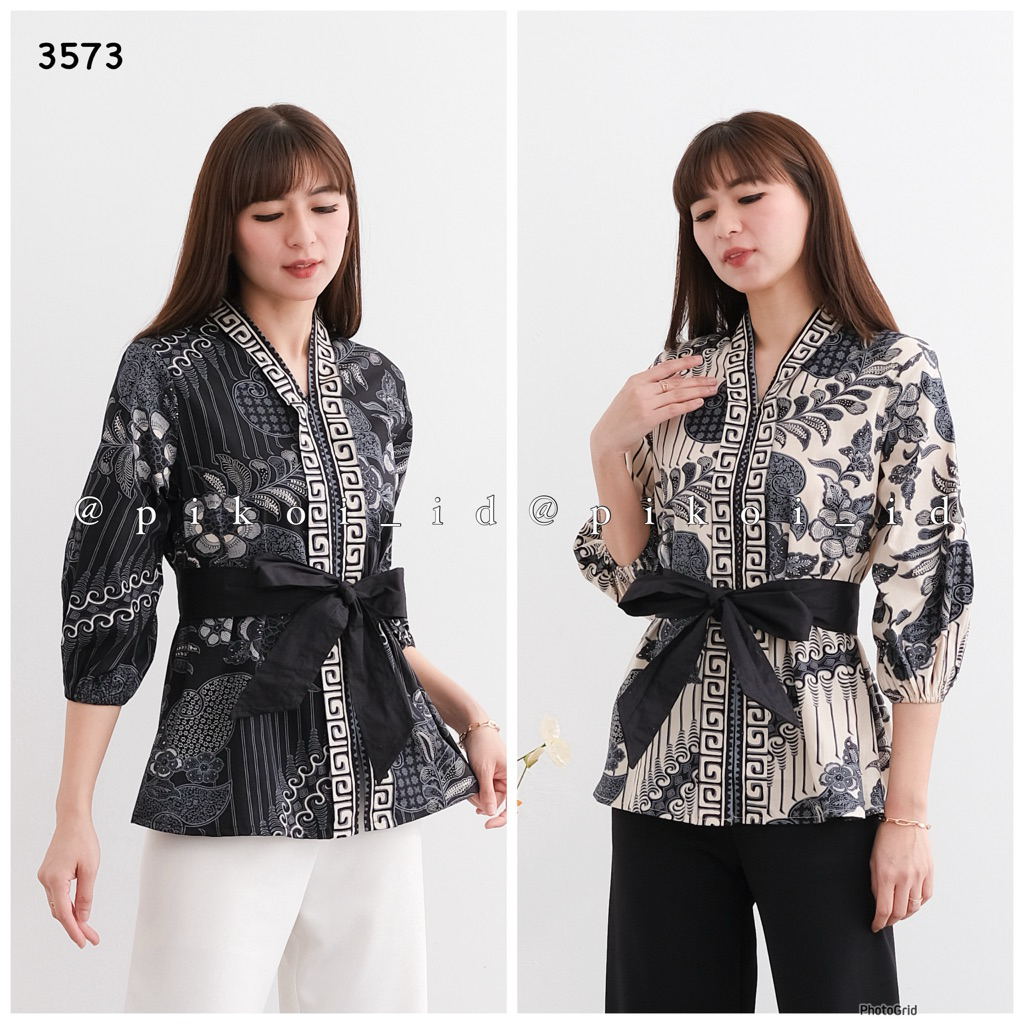 Atasan wanita batik modern v neck lengan balon pastel / baju batik busui modern zipper dan belt 3573