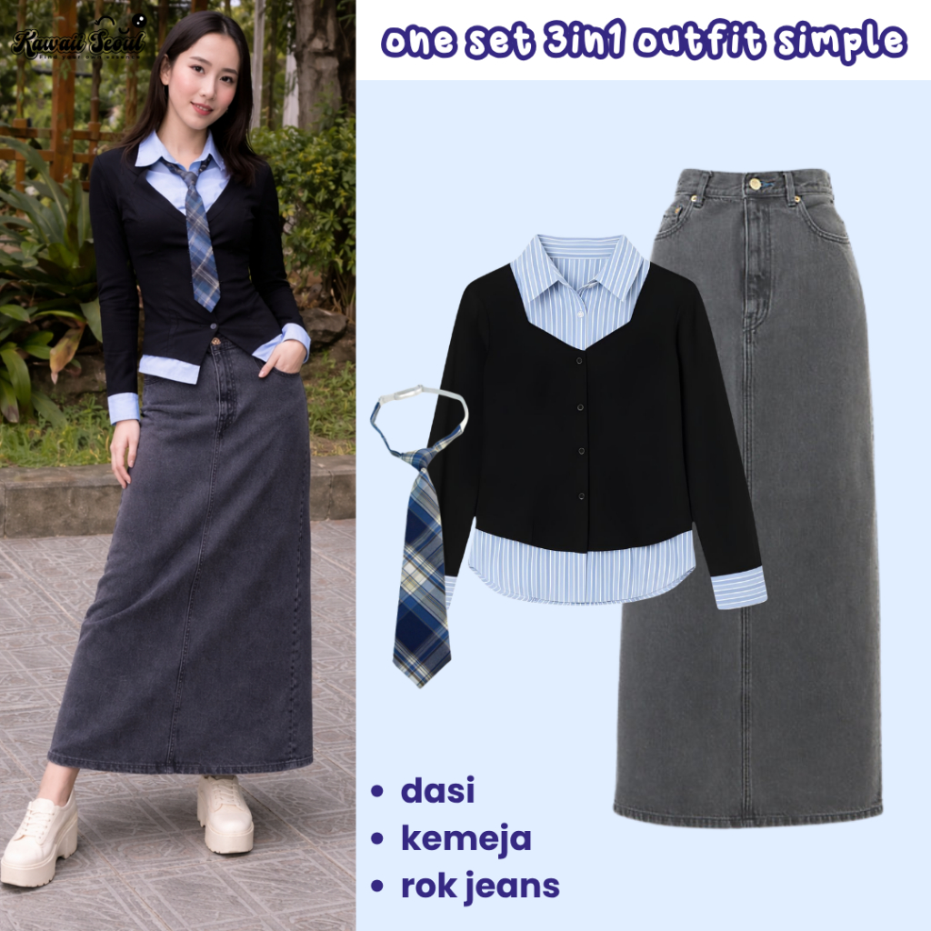 3in1 One Set Kemeja Salur Combi Outfit Yearbook American School Dasi Motif Rok Span Jeans Wanita 336