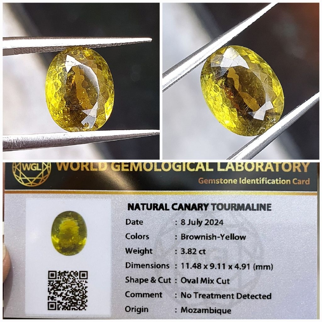 natural Canary tourmaline 3.8crt memo WGL kristal masih ada inklusi