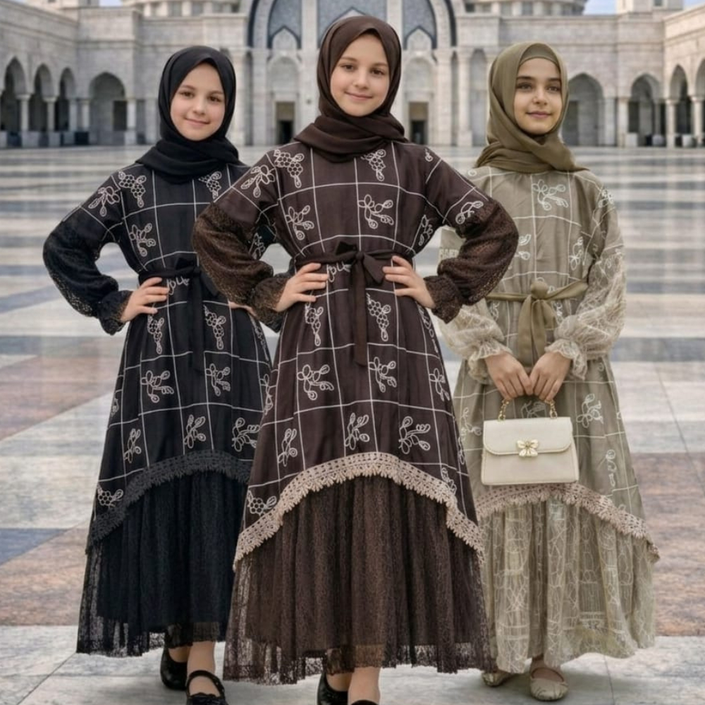 Gamis Anak Perempuan Motif Bordir Klasik Dengan Renda Dan Hijab Warna Hitam Coklat Hijau Muda