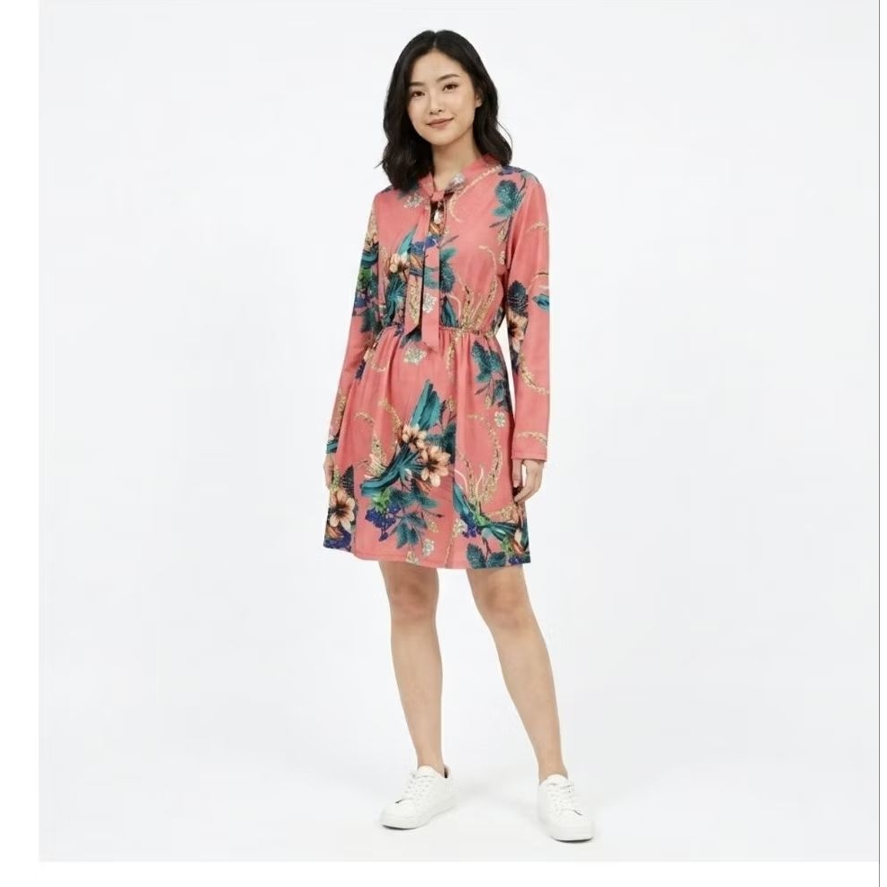 Pink Floral Mini Dress - Baju Terusan Wanita Motif Bunga Kerah Pita
