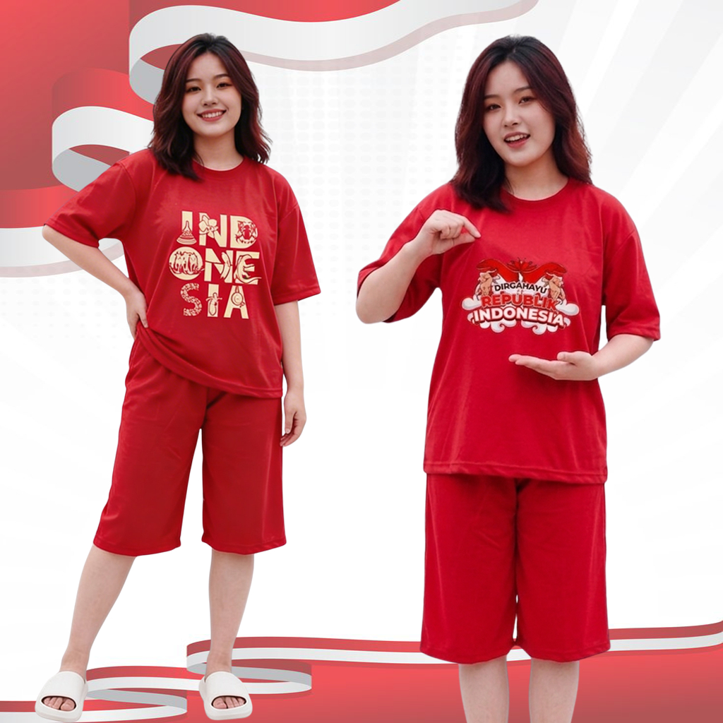 Setelan Wanita Baju Pendek Dewasa Celana kulot 3/4 Up Jumbo Baju 17 Agustus