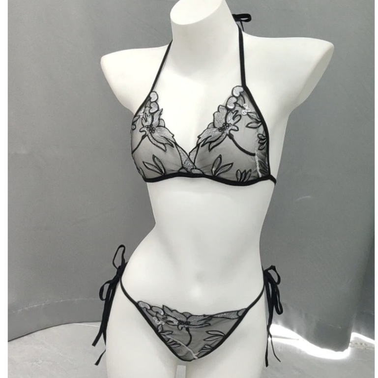 CHAVA | BS2044 Lingerie Wanita Sexy lingeri Set Lace Motif Transparan Bunga Bordir Bikini GString