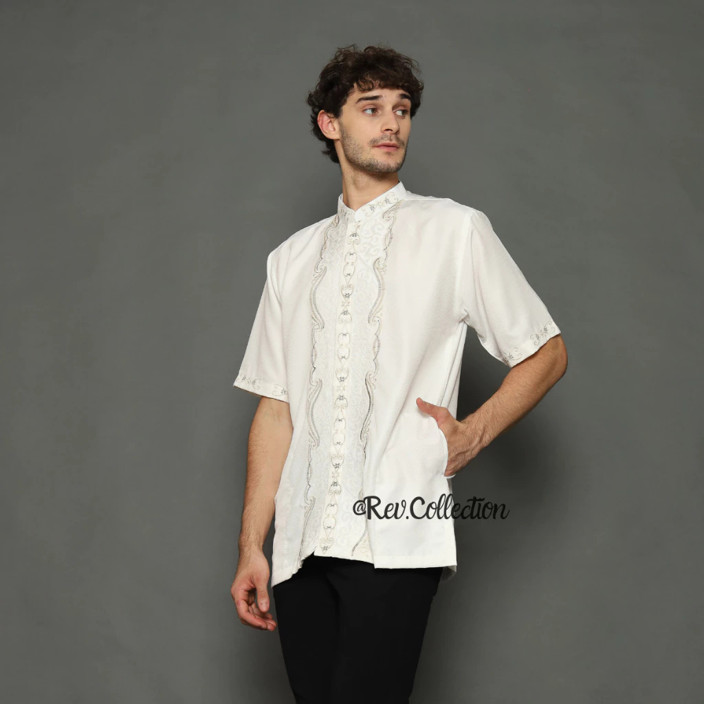 Baju Koko Putih Pria Bordir Lengan Pendek Semi Sutra Exclusive Modern