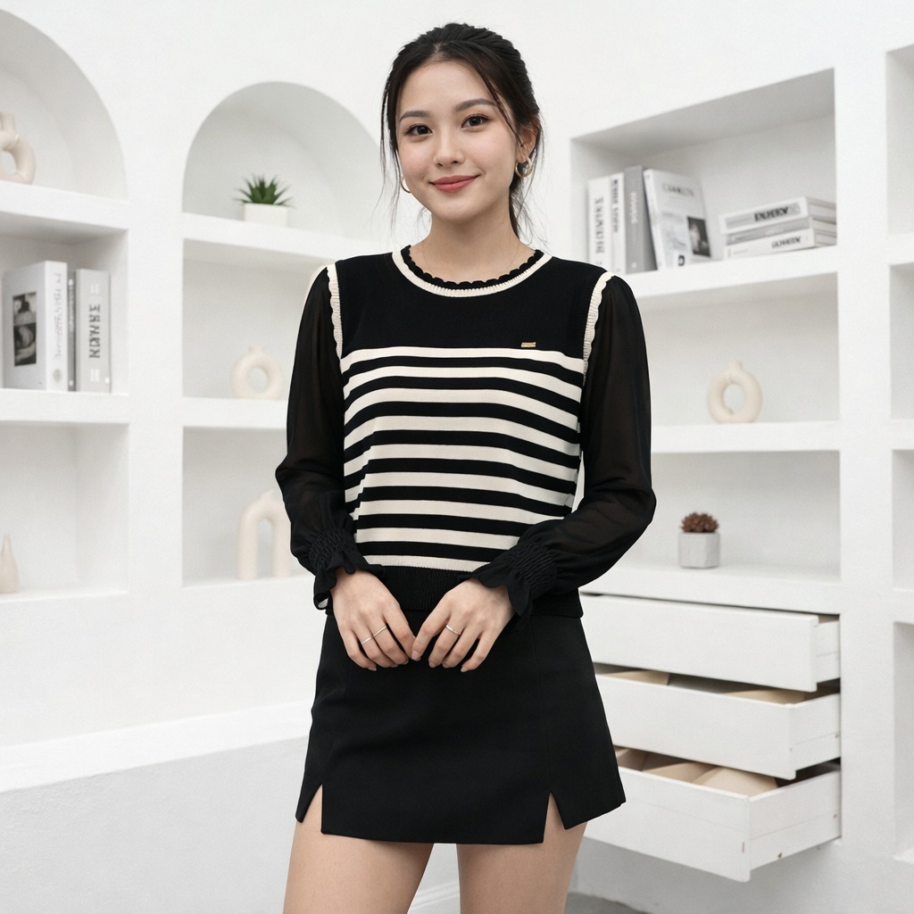 [TTEUDA] Vest Rajut Stripe Atasan Round Neck Rajut Import Premium  | Blouse Wanita Round Neck Vest S