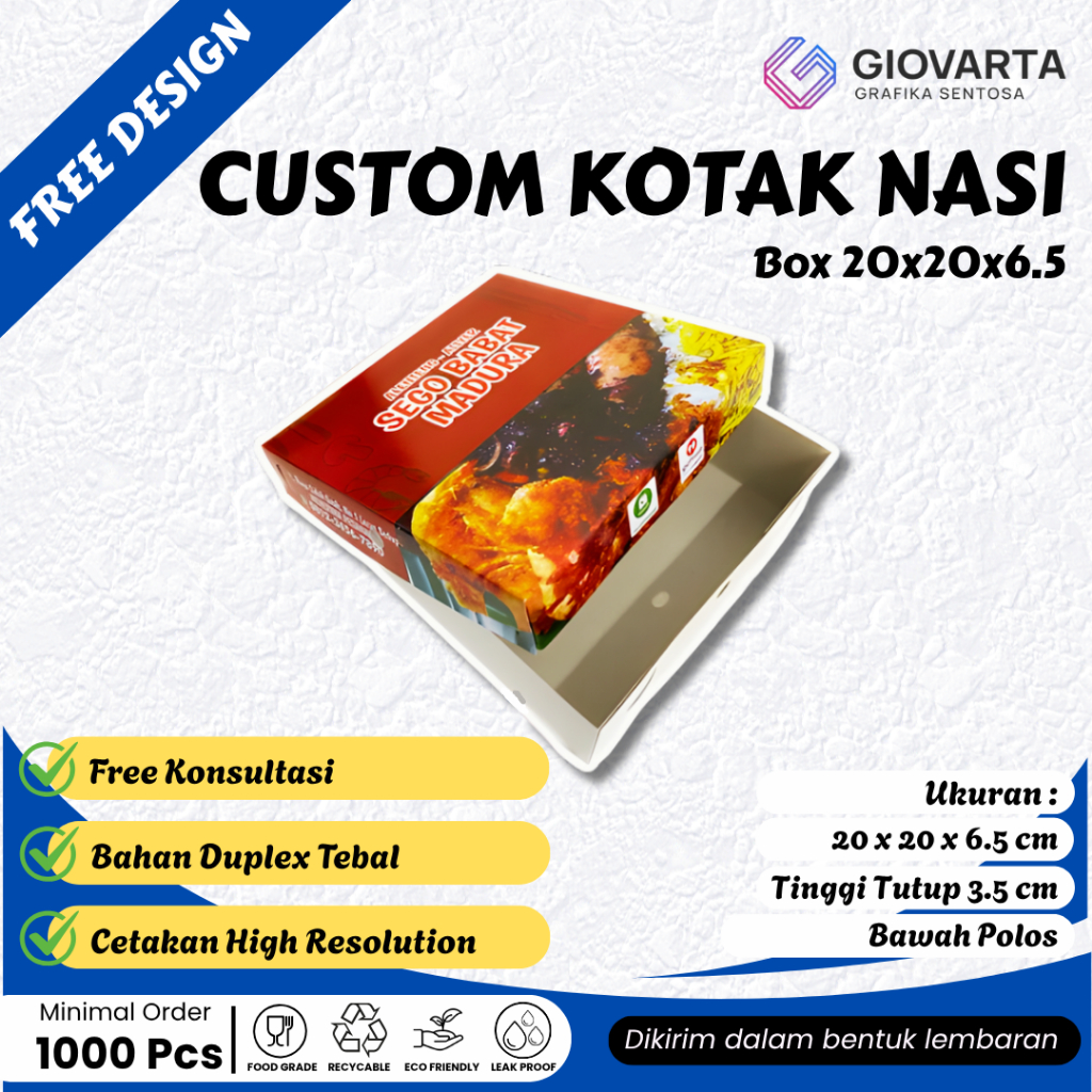 Box Makanan / Paper Box / Lunch Box Paper  Custom Desain Ukuran 20x20 Tutup Setengah