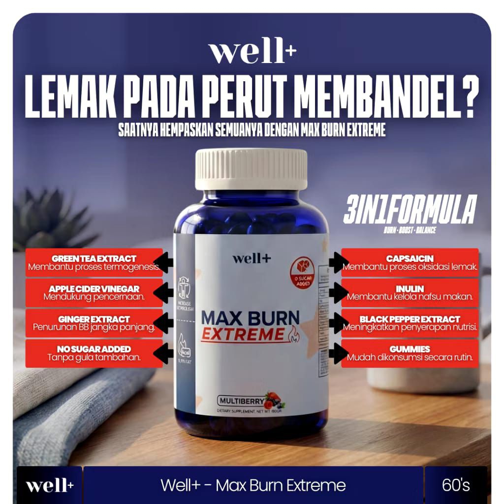 Well+ Max Burn Extreme Gummies 60's Multiberry Suplemen Diet Fat Burner Metabolisme
