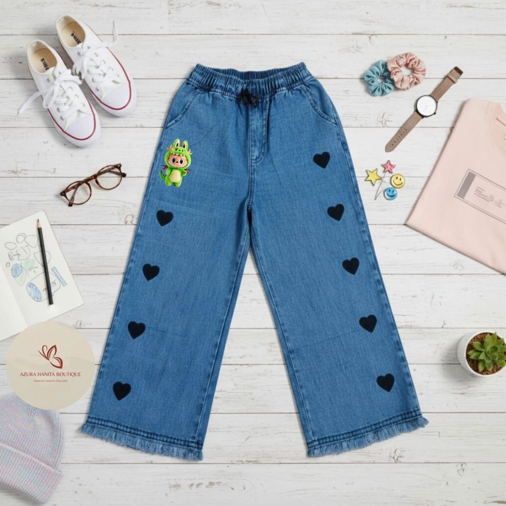New Arrivall Celana Kulot Anak Sablon Labubu & Kuromi Remaja Motif Love dengan Bahan semi Jeans Lemb