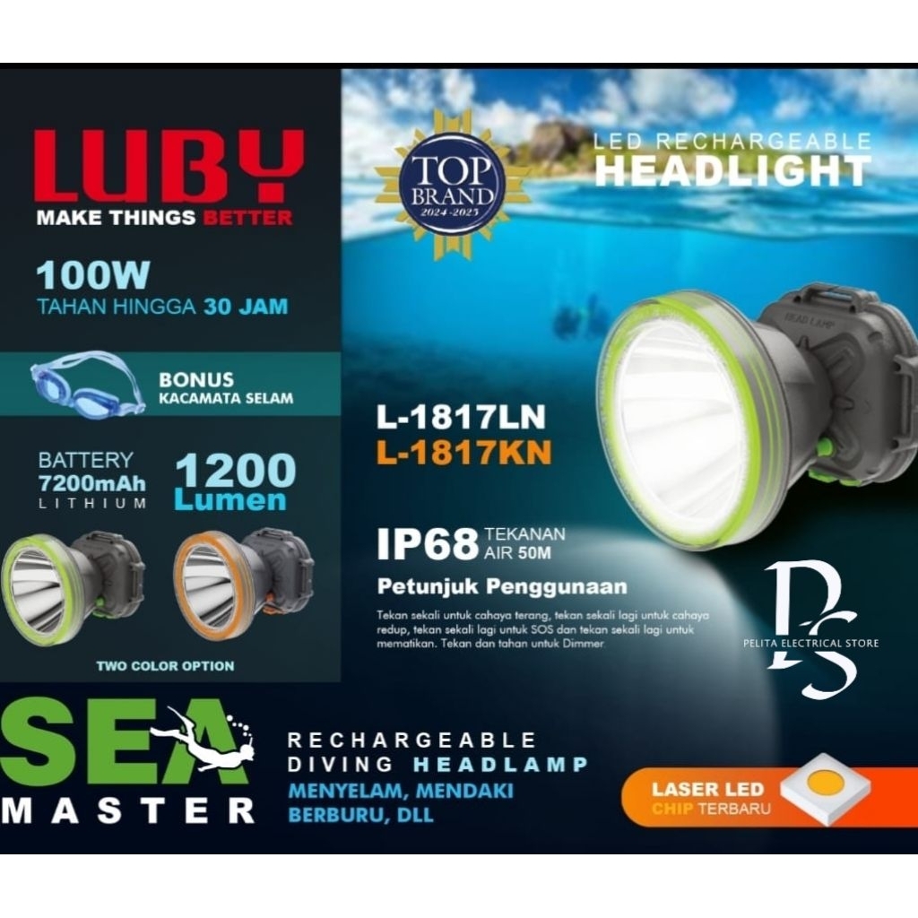 LUBY DIVING HEADLAMP / SENTER KEPALA SELAM 100 WATT LUBY L-1817