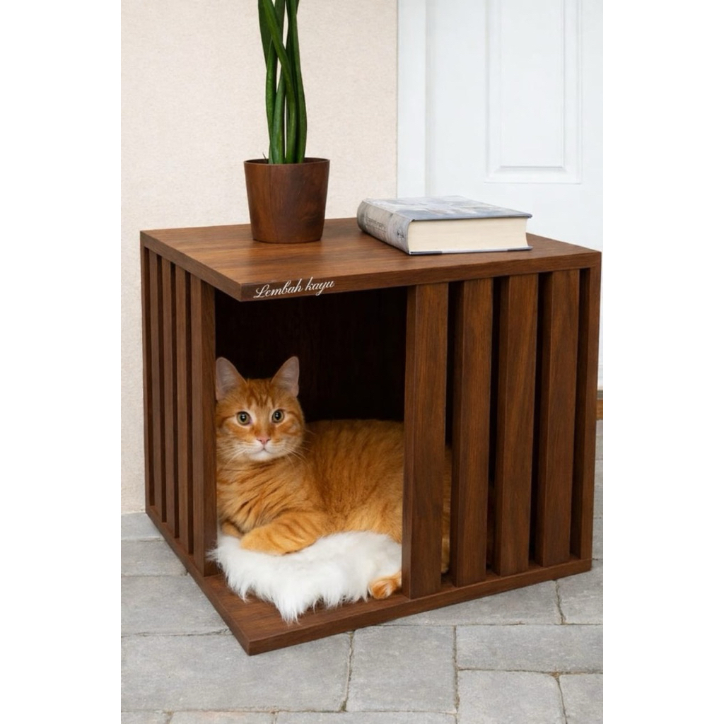 Cat bed / rumah kucing minimalis kayu mahoni box kucing