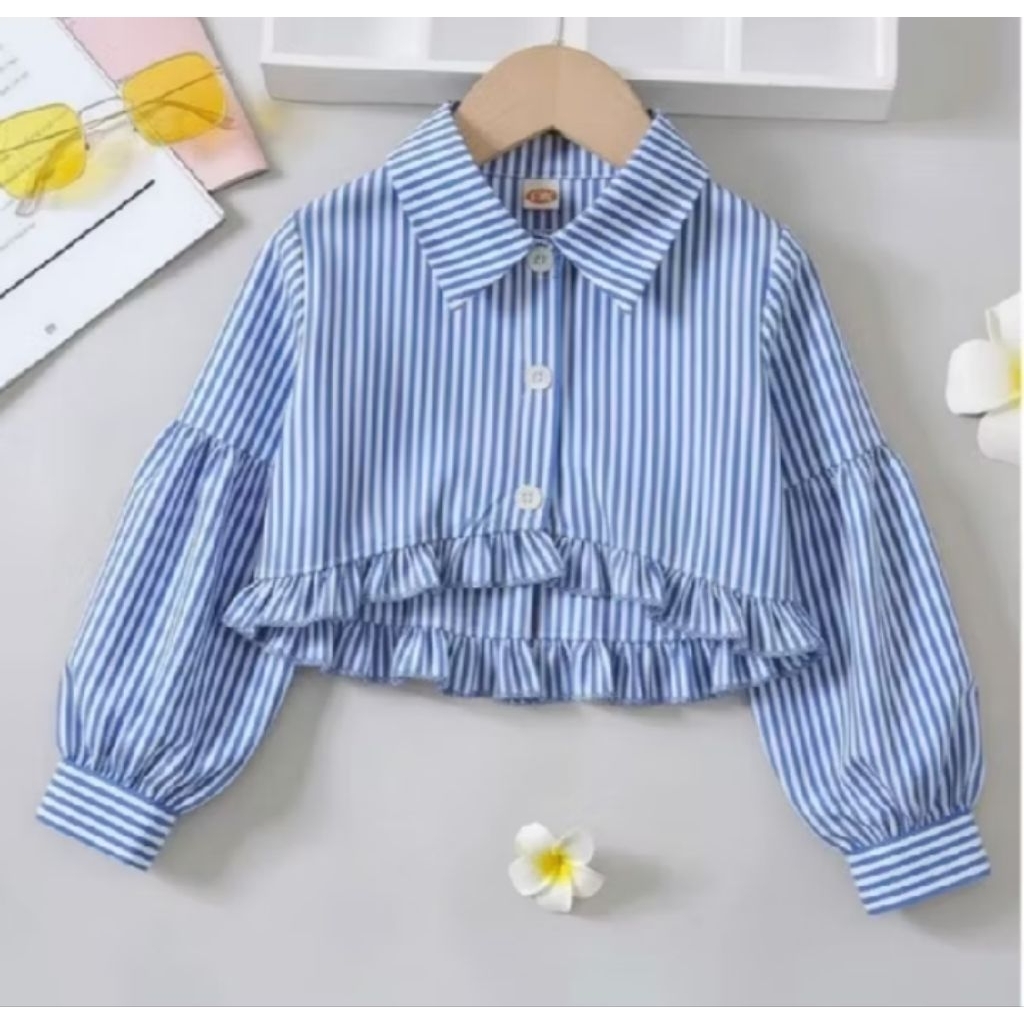 Kemeja crop anak perempuan-kemeja salur anak perempuan usia 5-12 tahun