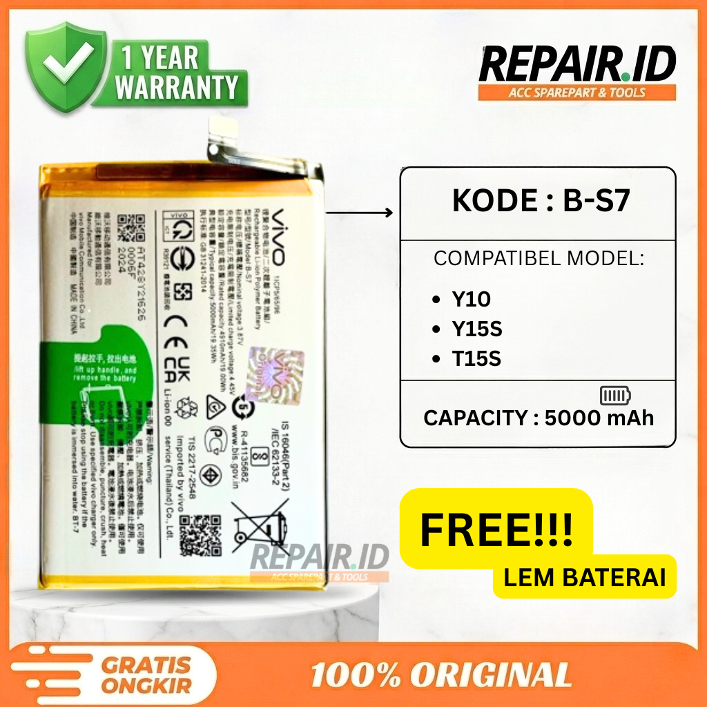 BATERAI B-S7 / VIVO Y10 / Y15S / T15S / 5000 mAh - Packing Ekstra Bubble