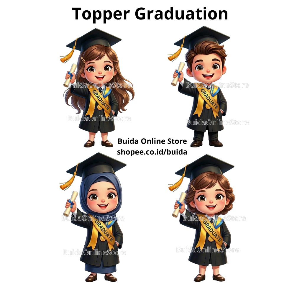 Topper Gambar Karakter Kartun Laki-Laki Perempuan Hijab Cantik Wisuda Graduation Toga hiasan buket h