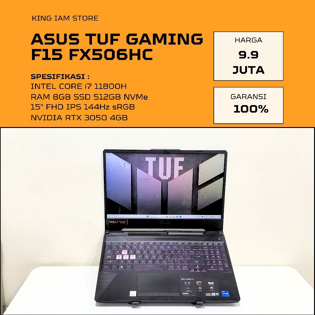 ASUS TUF GAMING F15 FX506HC INTEL i7 11800H NVIDIA RTX 3050 4GB SSD 512GB LAYAR 144Hz