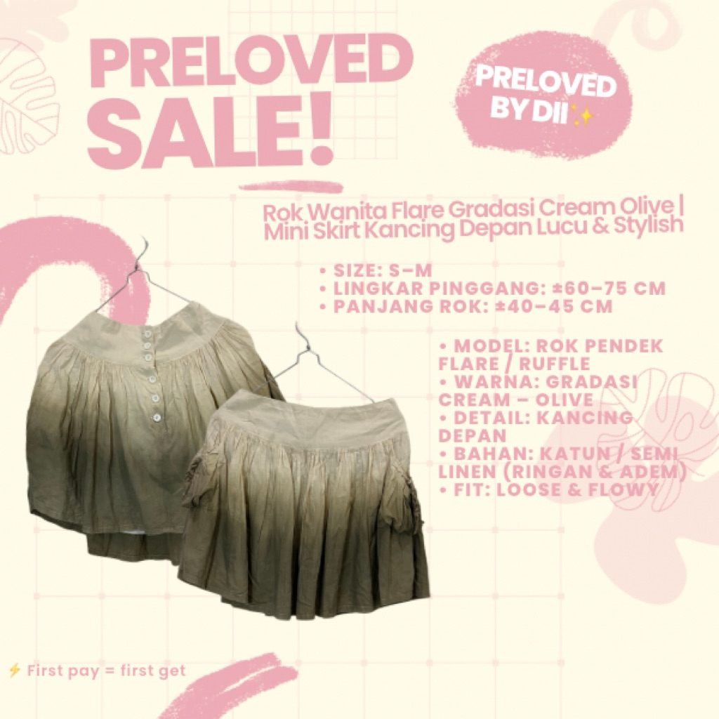 Rok Wanita Flare Gradasi Cream Olive | Mini Skirt Kancing Depan Lucu & Stylish