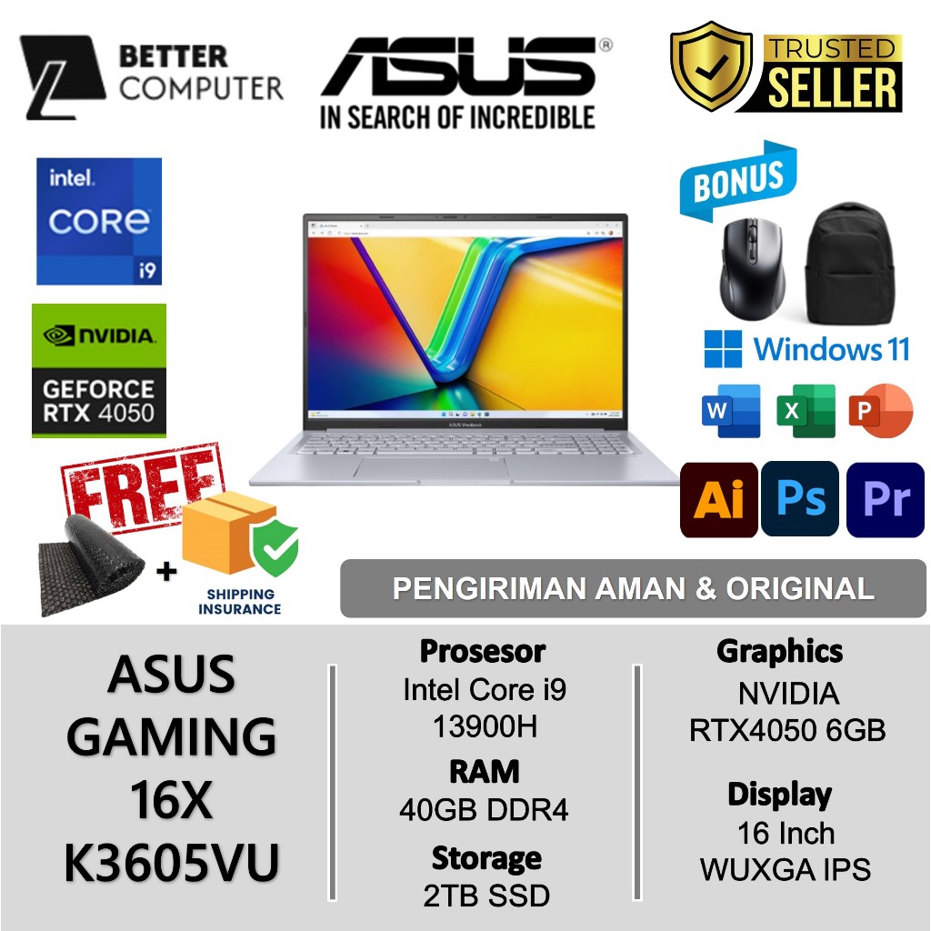 Laptop Asus Gaming 16X K3605VU RTX 4050 6GB Intel Core i9 40GB 2TB WUXGA IPS Backlite Windows 11