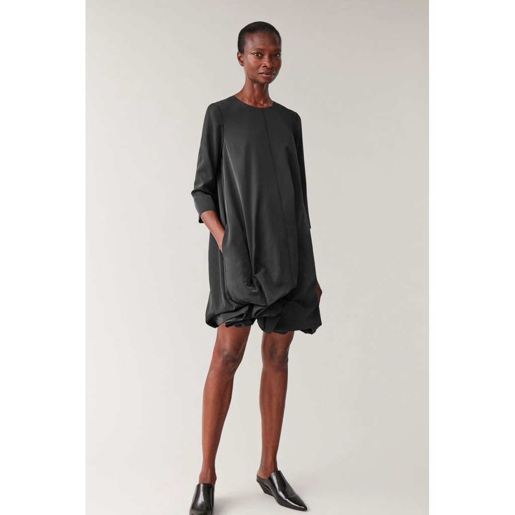 COS Black Long Sleeved Gathered Hem Dress
