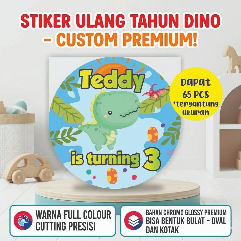 Label Stiker Trex Dino - Sticker Ulang Tahun Anak, Hampers, Souvenir, Birthday Party