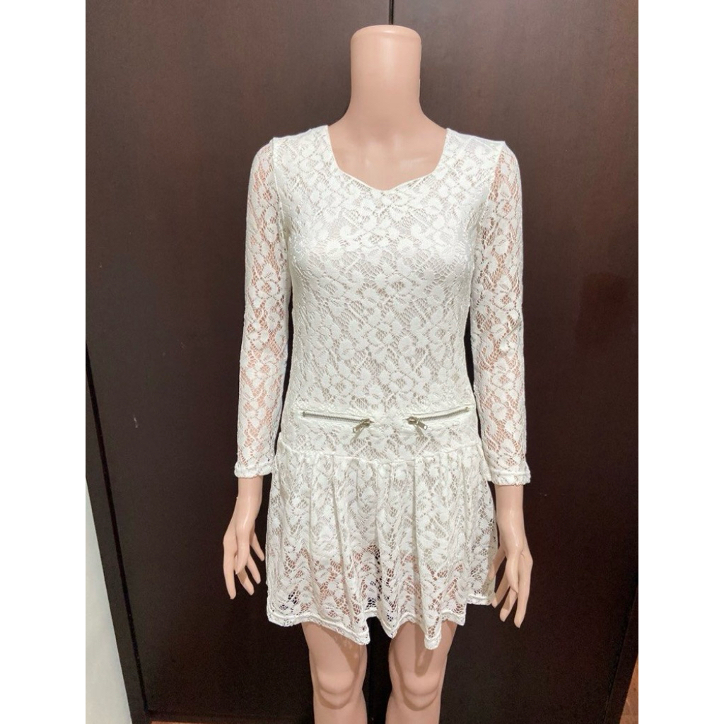 TRACYEINNY Lace brukat long sleeve zipper white dress coquette cottagecore vintage kawaii