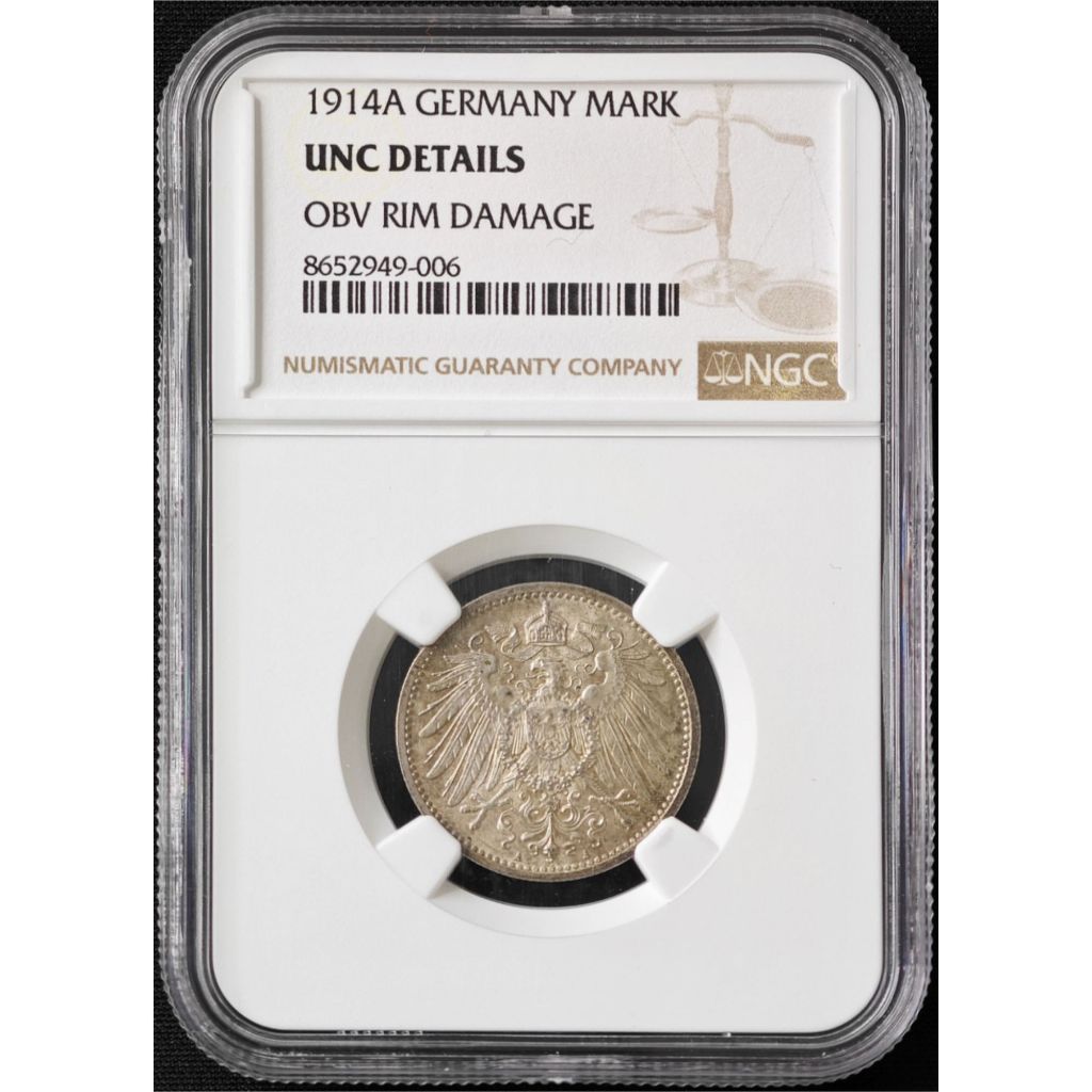 Koin Perak 1 Mark Jerman 1914A Kekaisaran Jerman Graded NGC UNC Details