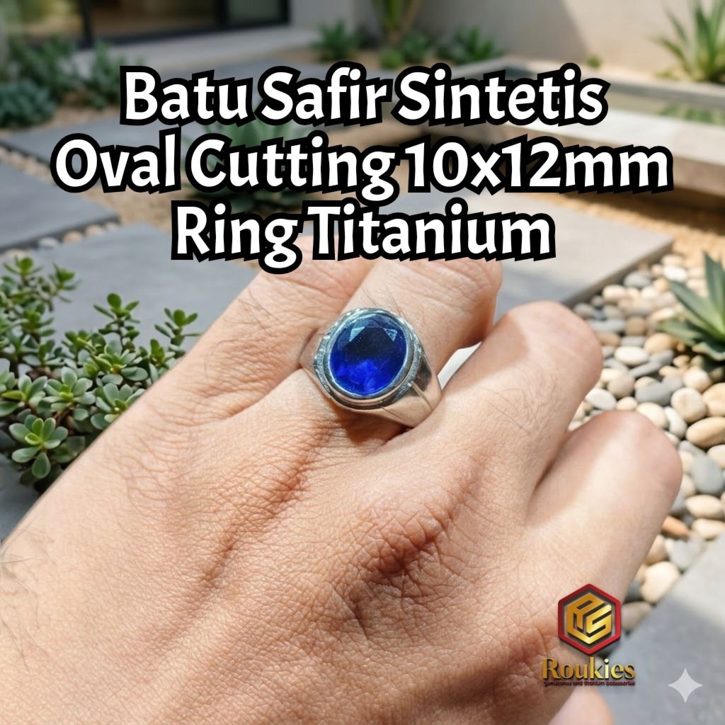 Roukies Cincin Batu Safir Sintetis Oval Cutting 10x12mm Ring Titanium Elegan dan Modern untuk Penamp