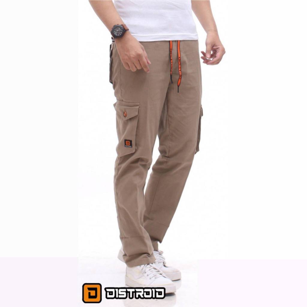 Distroid Celana Rib Cargo Panjang Pria Slim Fit Chinos Katun Melar Cowok Dewasa Pinggang Karet