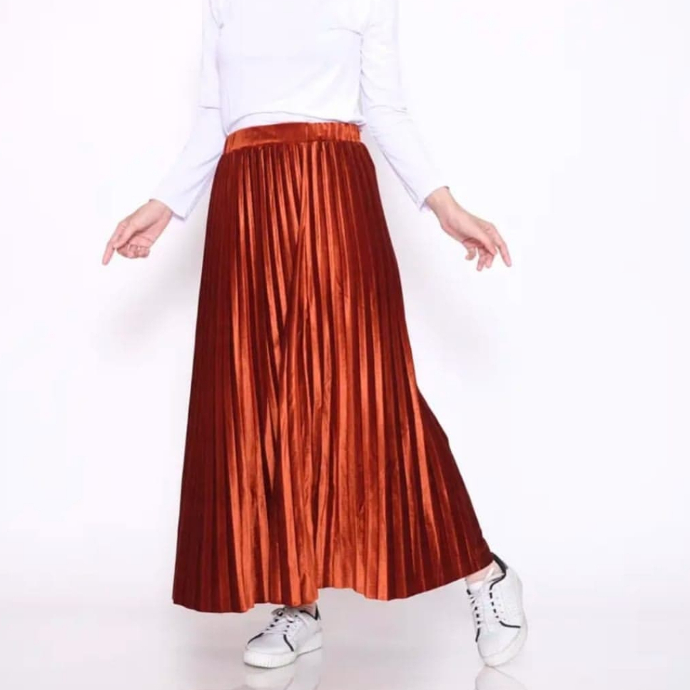 Rok Plisket Bludru Velvet Panjang - Rok Plisket Bludru Velvet