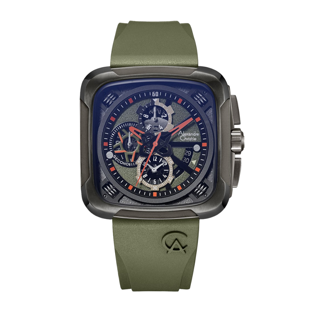 Jam Tangan Pria Alexandre Christie Chronograph AC 6577 MCRIGBAGN Dual Tone Dial Green Rubber Strap