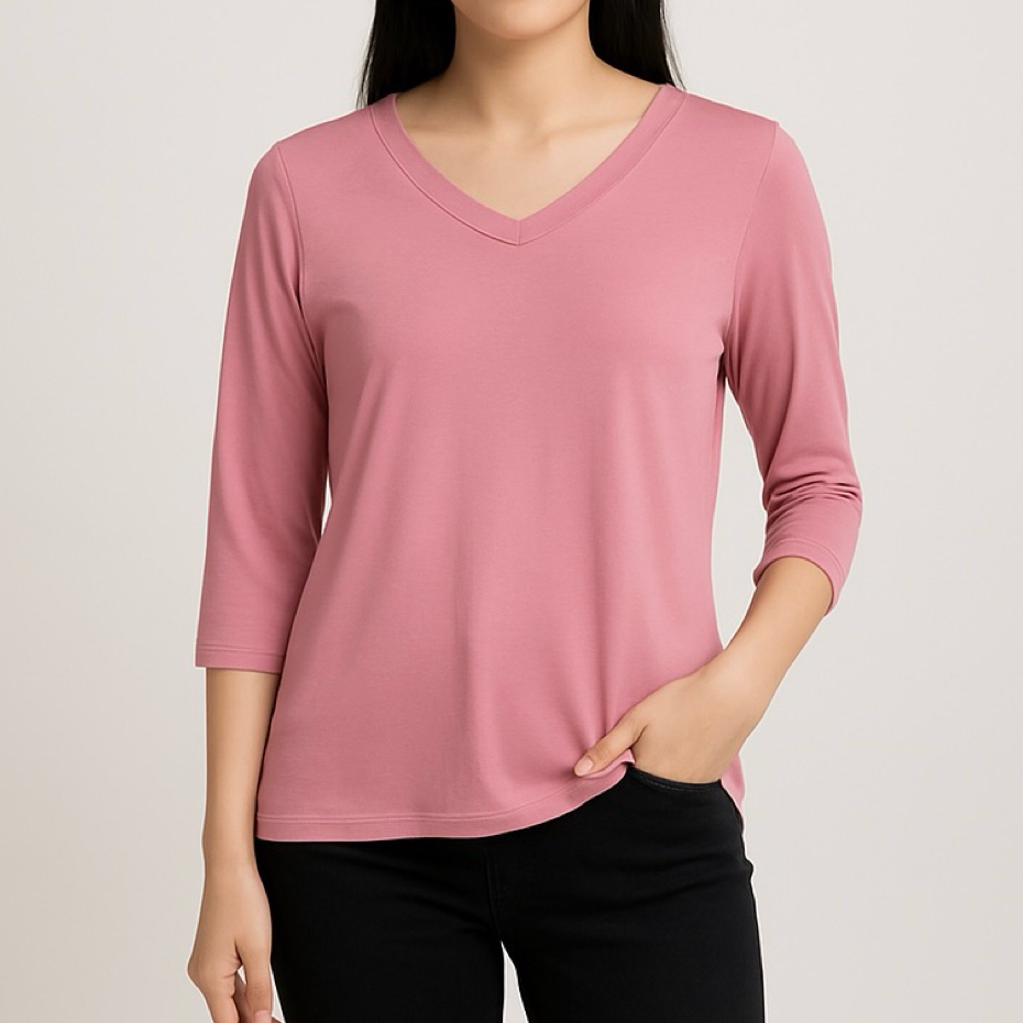 KAOS SPANDEK POLOS LENGAN 3/4 WANITA / ATASAN KAOS POLOS VNECK