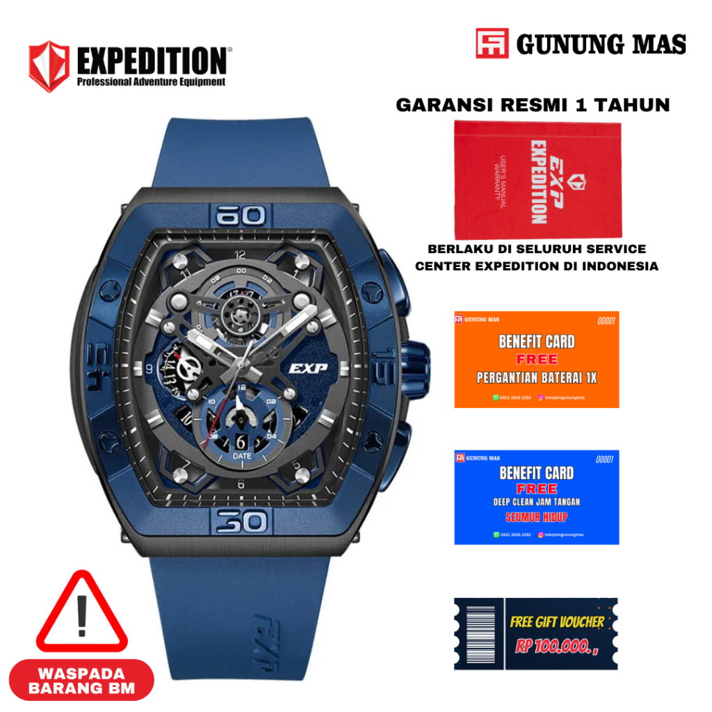 Expedition Jam Tangan Pria Chronograph E 6800 MC RUBBABU Men Black Dial Blue 100% Original