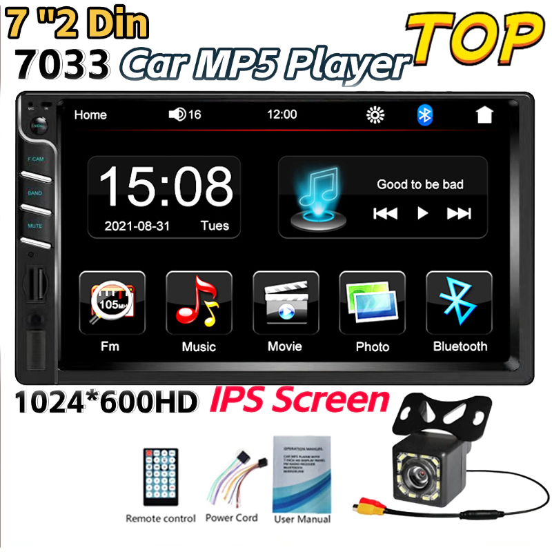 (Siap,COD)Head Unit Mobil 7033 7 Inci dengan Layar Sentuh HD Monitor, Bluetooth, dan Kamera Mundur
