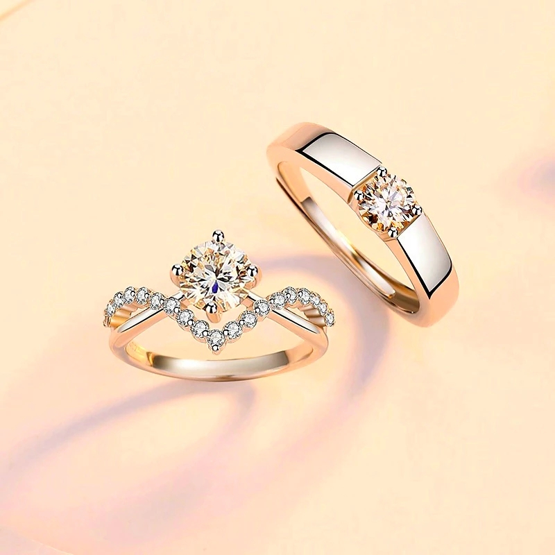 Cincin Couple Perak Asli Nikah Emas Putih Adjustable Pasangan Nikah Lamaran Cincin Moissanite Sertif