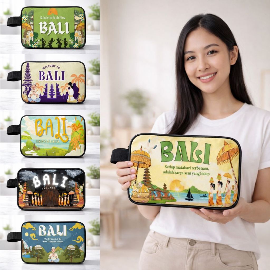 Souvenir Dompet Pouch Lucu Wanita Motif Bali | Tas Pouch Travel Oleh Oleh Bali