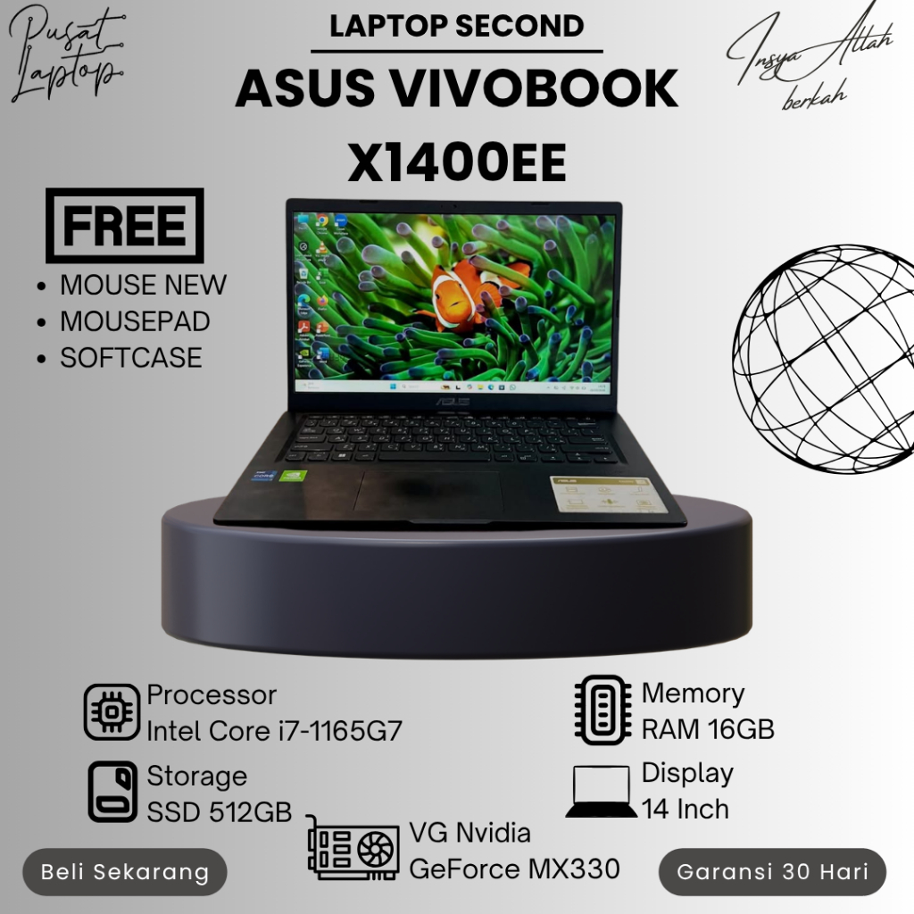ASUS VIVOBOOK X1400E SECOND | INTEL CORE I7 GEN 11 | RAM 16GB | SSD 512GB | NORMAL | BERGARANSI