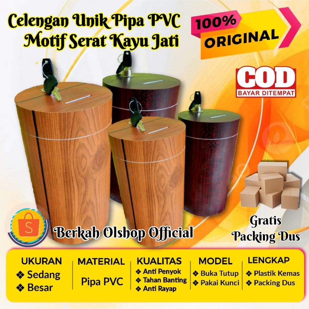 Terlaris - Celengan Besar Motif Kayu (Pakai Kunci) - Celengan Unik Anti Penyok