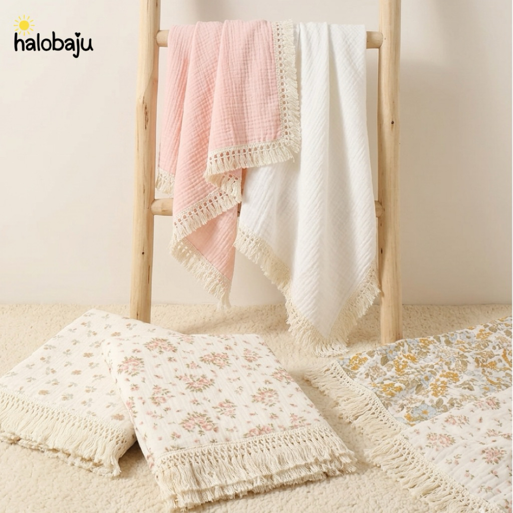 Halobaju Fringe Muslin Blanket - Selimut Muslin Bayi - Swaddle Muslin