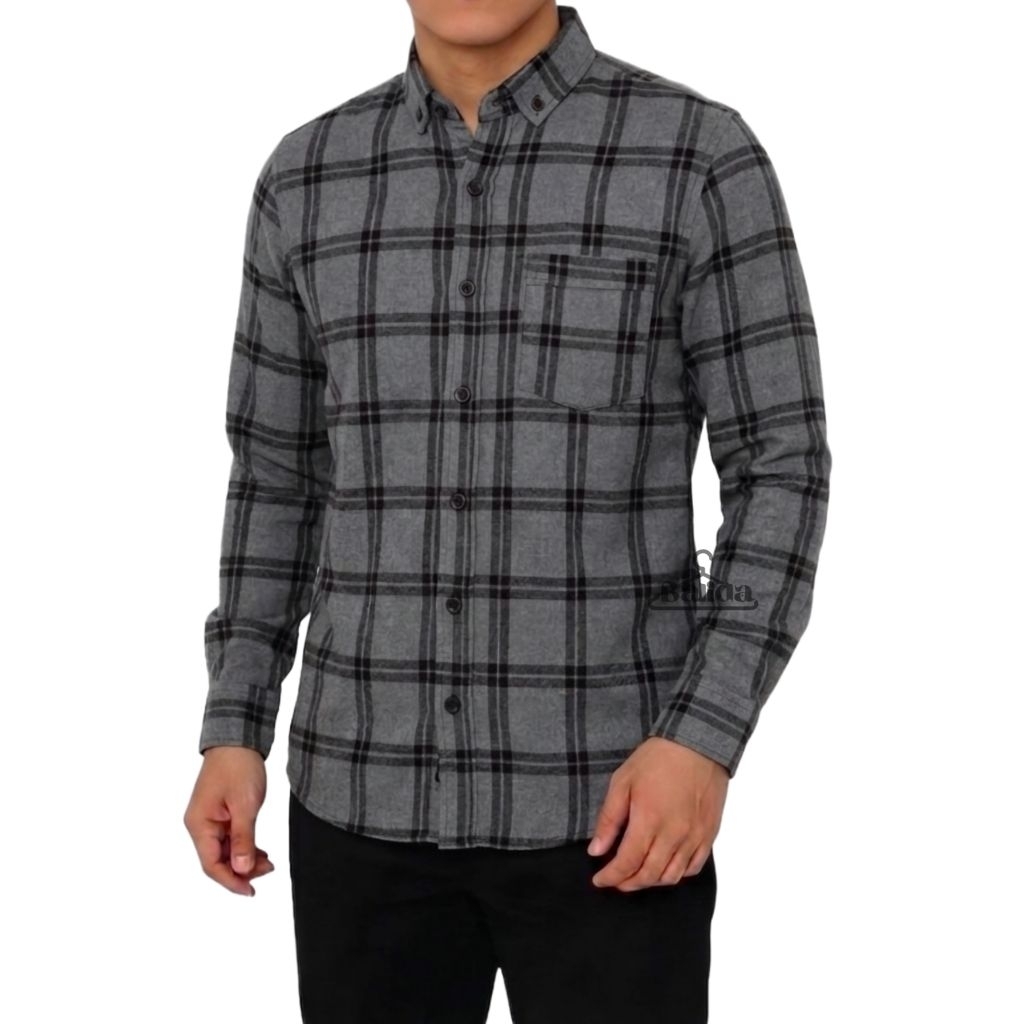 Kemeja Flanel Pria Lengan Panjang Distro Motif Garis Dua Abu