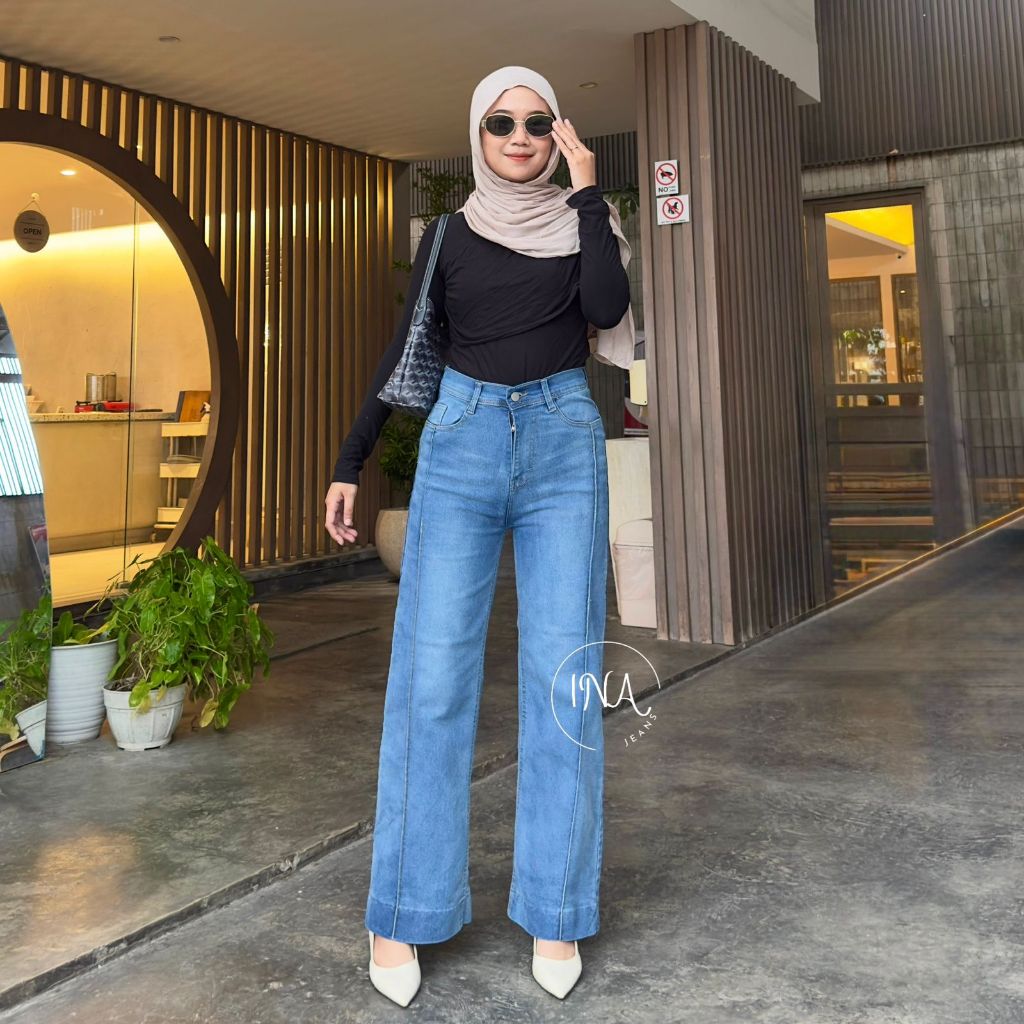 ina Jeans - Highwaist Straight Wide Leg Loose Jeans Kulot Garis Bahan Stretch - Celana Panjang Wanit