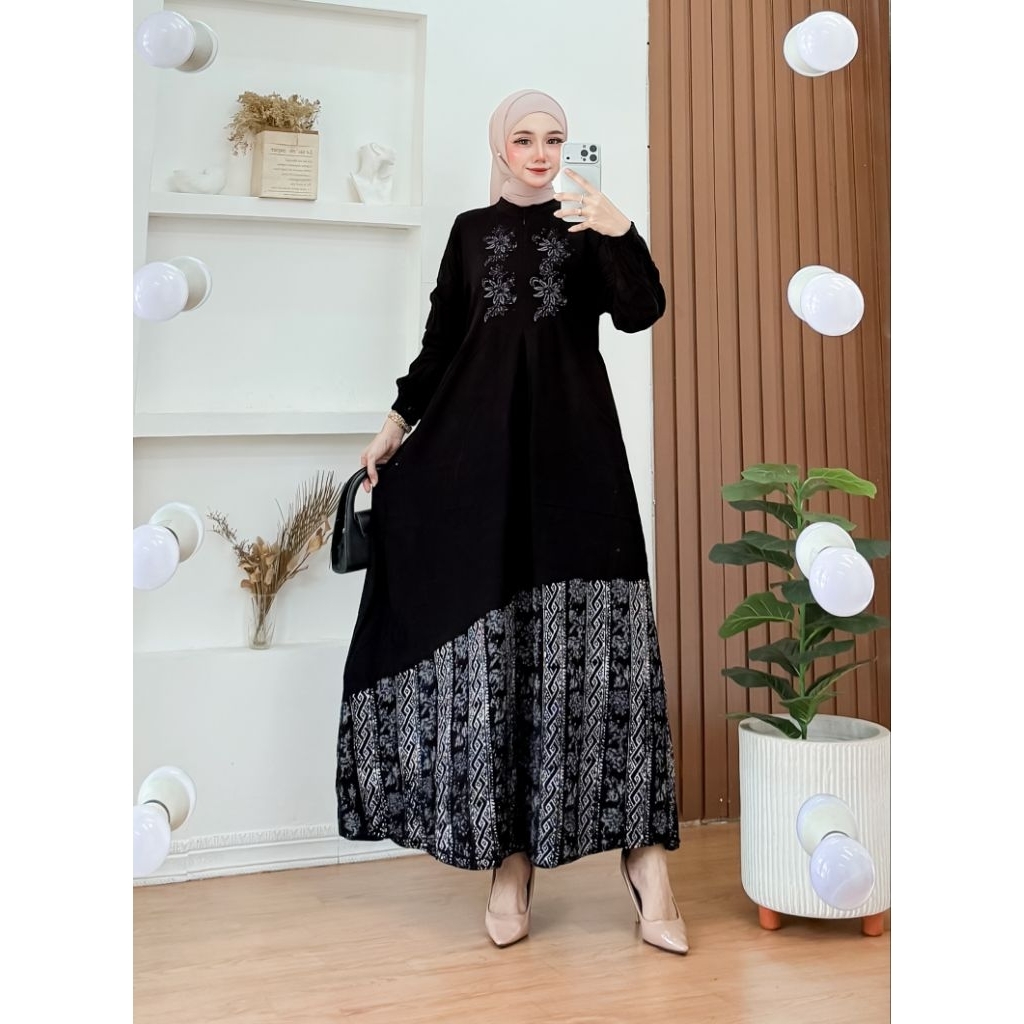Gamis Hitam Premium Kombinasi Batik Etnik | Dress Muslim Wanita Elegant Formal Jumbo