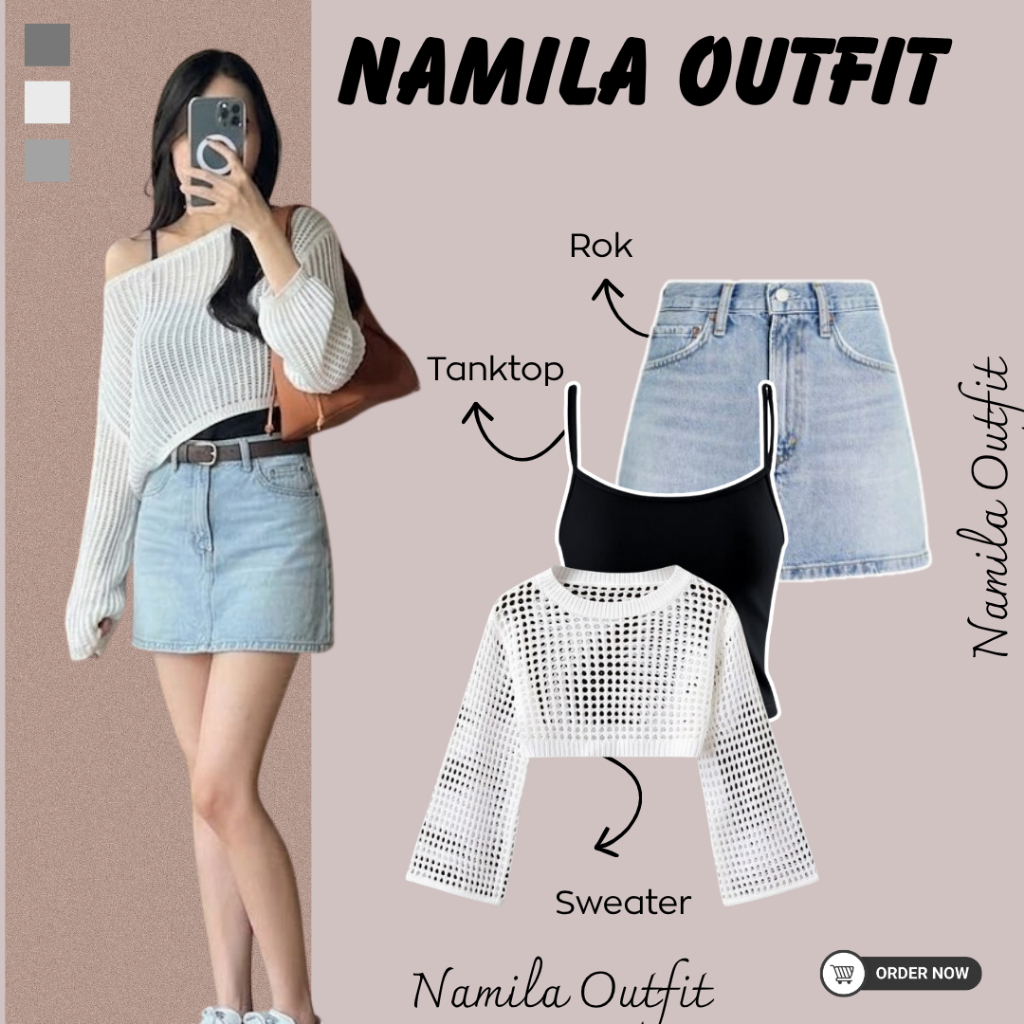 OneSet Wanita 3in1 Set (Rok Jeans Pendek - Tanktop - Sweater) Outfit Hangout Kekinian Namila Outfit