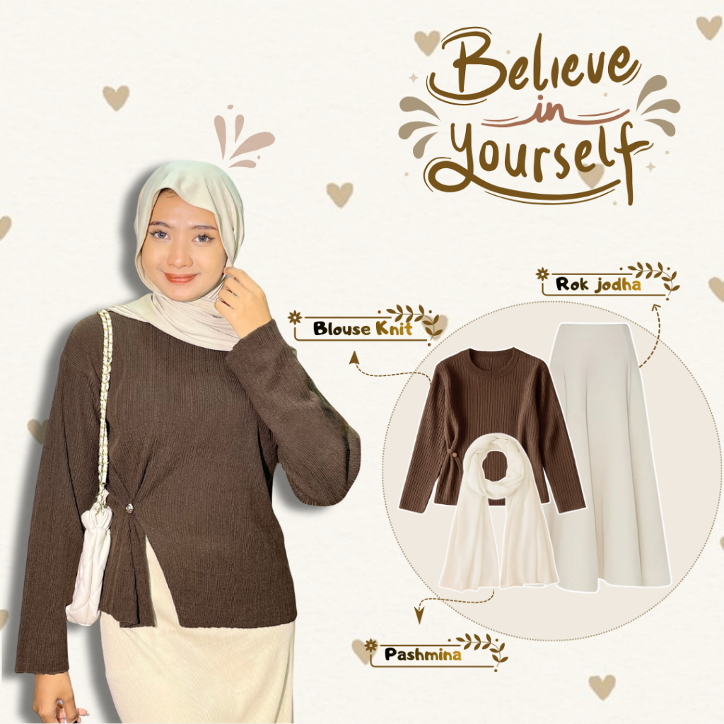 Setelan OOTD Kekinian (Blouse Knit-Pasmina Cream-Rok Joda Ivory),One Set Remaja Dewasa Kekinian FSA5