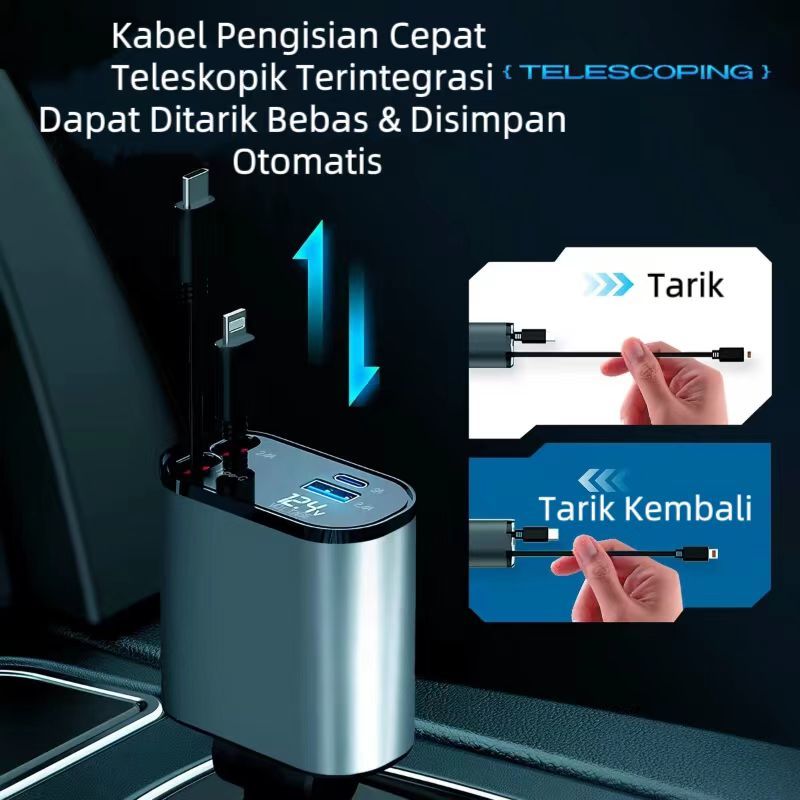 Charger Mobil 120W Super Cepat dengan Kabel Teleskopik, 4 Port USB Type C & Lightning, Tampilan Tega