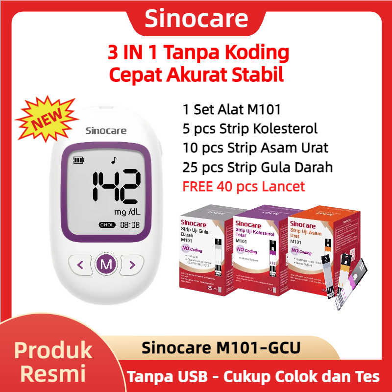 Paket Lengkap Sinocare M101 GCU 3in1 No Coding – Alat Cek Darah Gula Darah Kolesterol Asam Urat + St
