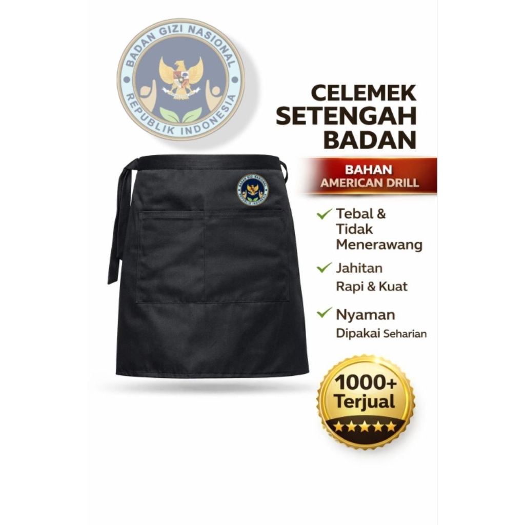 Celemek Sppg Setengah Badan American Drill Tebal-Kantong tengah lebar-Apron Sppg Premium