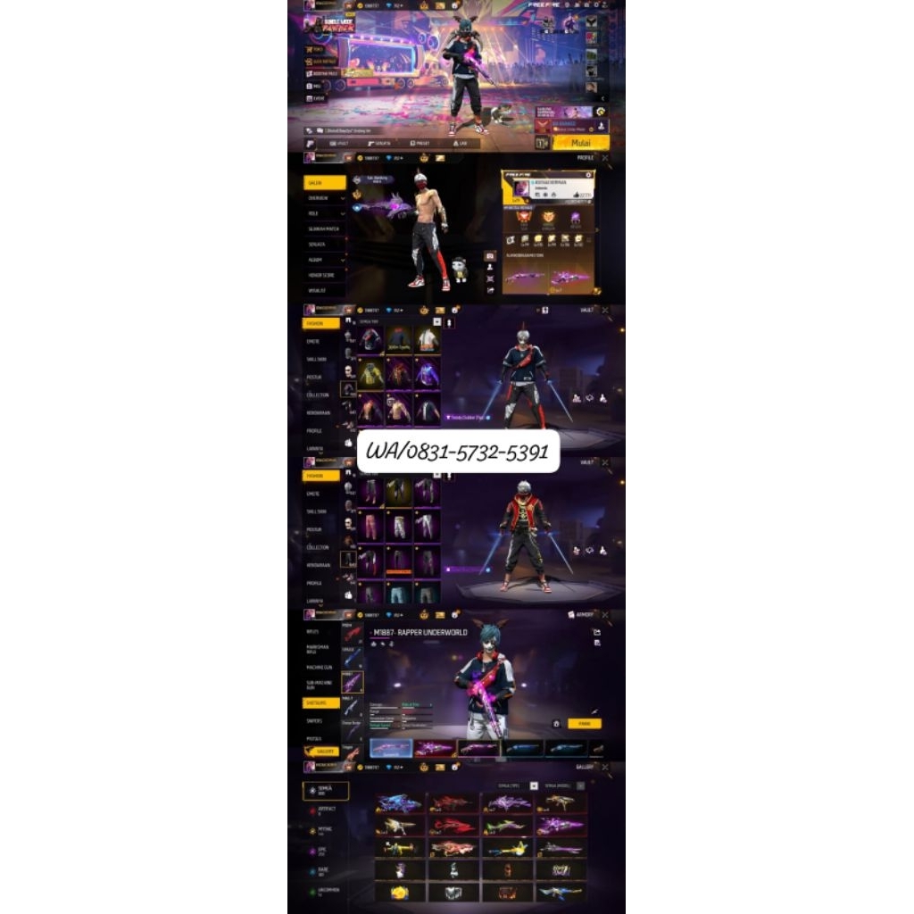 AKUN FF SULTAN-LEVEL TINGGI, SKIN LENGKAP READY AKUN FF MURAH-BAGUS FULL SKIN