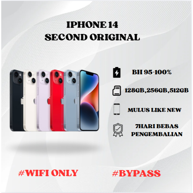 IPHONE 14 WIFI ONLY 128GB/256GB/512GB Bekas Second Original Mulus Fullset Game/Live/Merekam Video