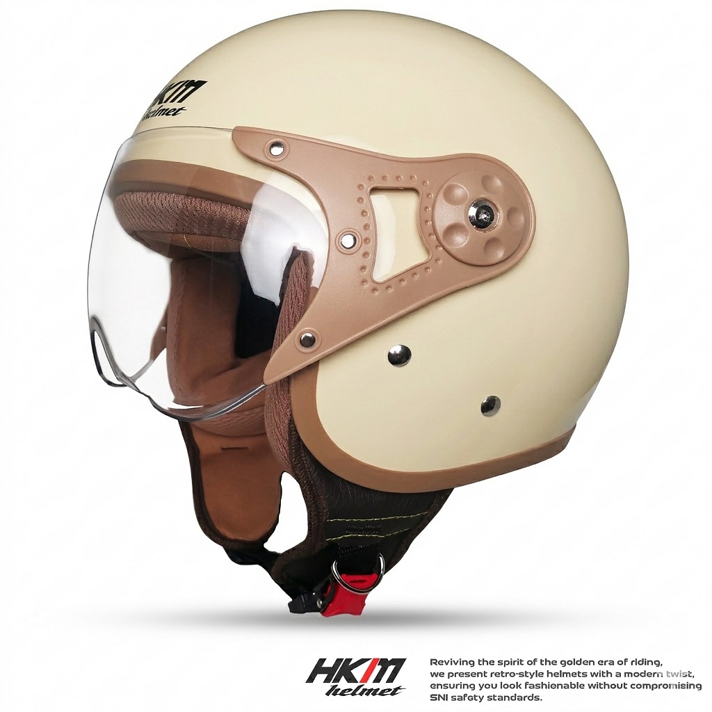 Helm Bogo Retro Pilot HKM Cream | Retro Dewasa Kaca Pilot | Helm Motor SNI Stylish Wanita
