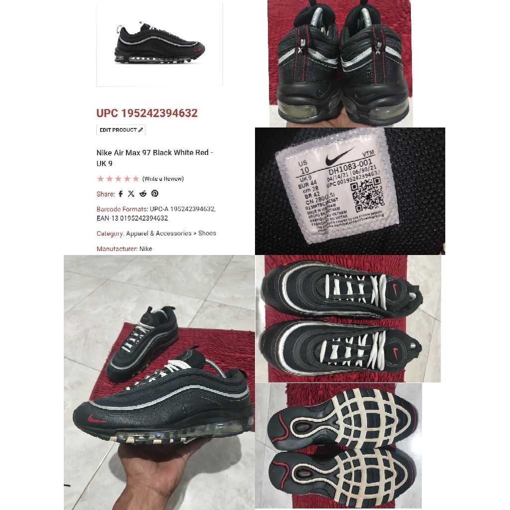 Sepatu Preloved Second Original Nike Airmax AM 97 Fullblack Size 44