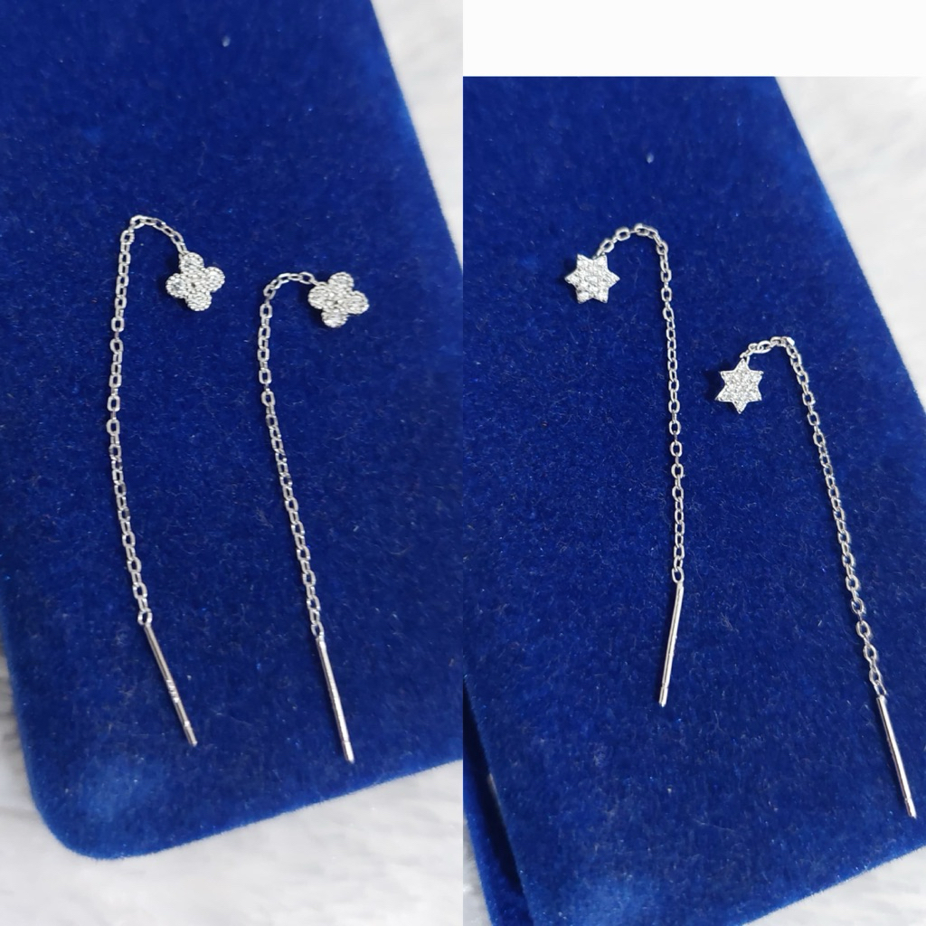Anting Tusuk Jarum Panjang Perak Asli 925 Lapis Emas Putih - Anti Karat - Perhiasan Wanita
